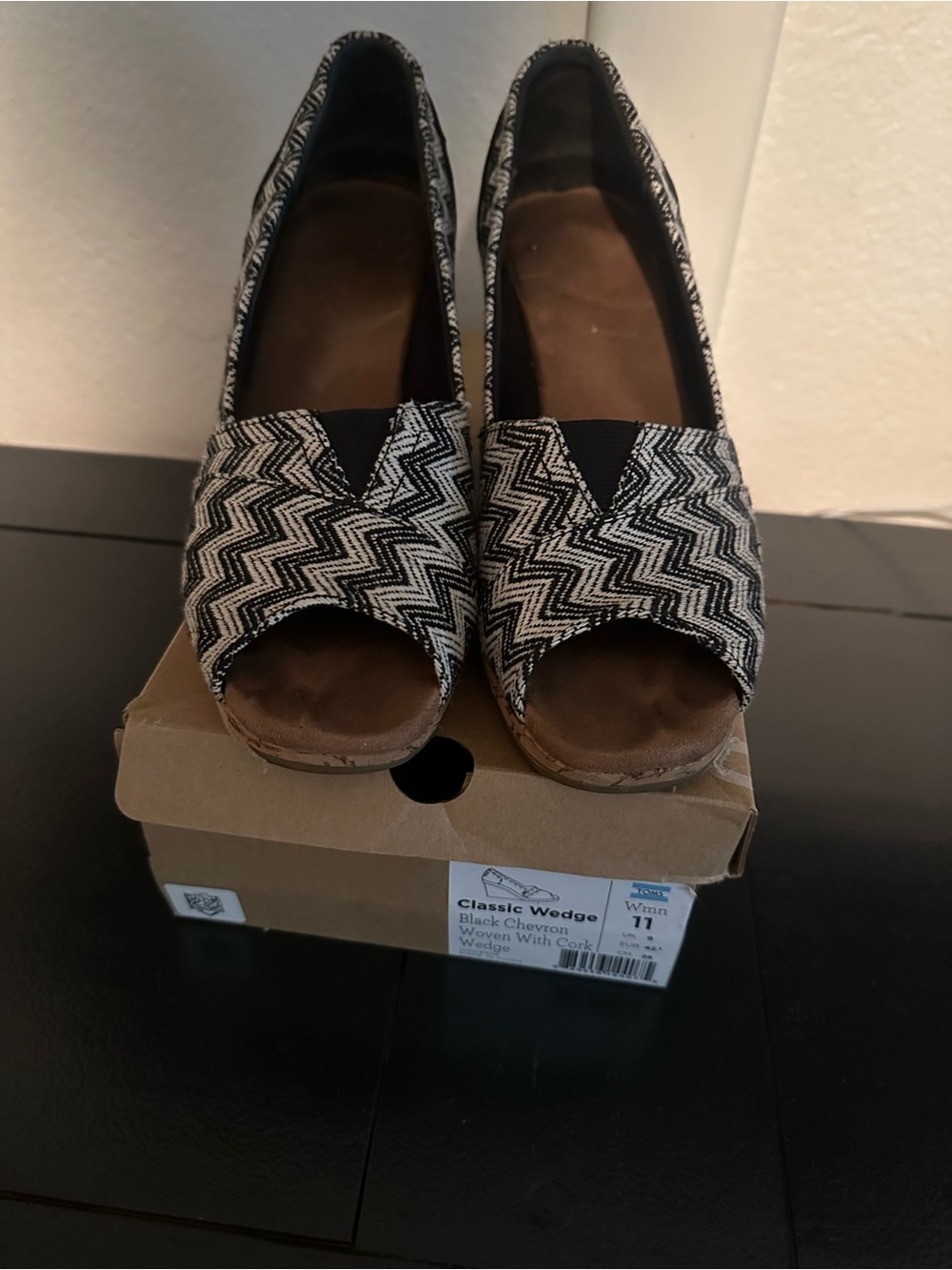 Toms Black & White Zigzag Espadrille Wedges